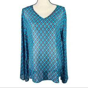 Wrangler Rock 47 Lightweight Semi Sheer Vneck Top Blouse Bell Sleeve Blue Medium